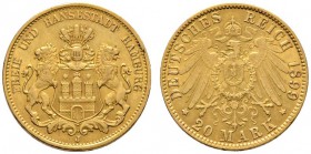 Reichsgoldmünzen
Hamburg
20 Mark 1899 J. J. 212.
sehr schön-vorzüglich
