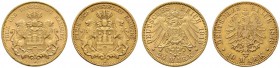Reichsgoldmünzen
Hamburg
Lot (2 Stücke): 10 Mark 1879 J und 20 Mark 1913 J (J. 209, 212).
sehr schön/schön bzw. vorzüglich-prägefrisch
Aus Sammlun...