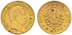 Reichsgoldmünzen
Hessen
Ludwig III. 1848-1877. 5 Mark 1877 H. J. 215.
selten, Fassungsspuren am Rand, sehr schön
