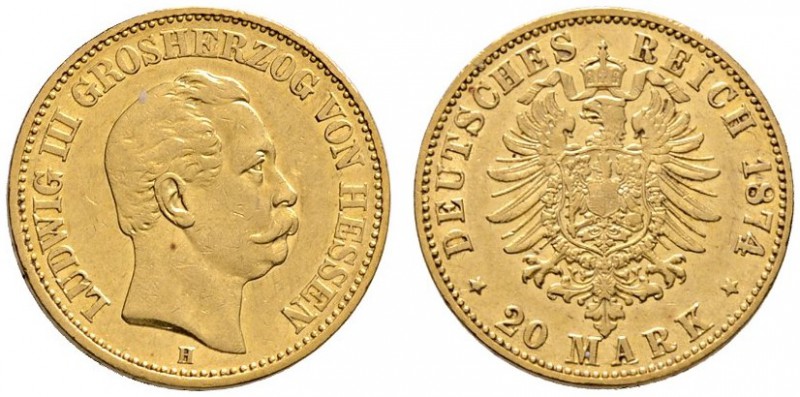 Reichsgoldmünzen
Hessen
Ludwig III. 1848-1877. 20 Mark 1874 H. J. 217.
selten...