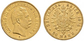 Reichsgoldmünzen
Hessen
Ludwig III. 1848-1877. 20 Mark 1874 H. J. 217.
seltener Einzeltyp, sehr schön