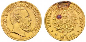 Reichsgoldmünzen
Hessen
Ludwig IV. 1877-1892. 5 Mark 1877 H. J. 218.
selten, Fassungs- und Bearbeitungsspuren am Rand, leicht gewellt, sehr schön