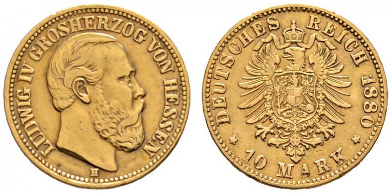 Reichsgoldmünzen
Hessen
Ludwig IV. 1877-1892. 10 Mark 1880 H. J. 219.
Rand mi...