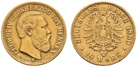 Reichsgoldmünzen
Hessen
Ludwig IV. 1877-1892. 10 Mark 1880 H. J. 219.
Rand minimal bearbeitet, sehr schön