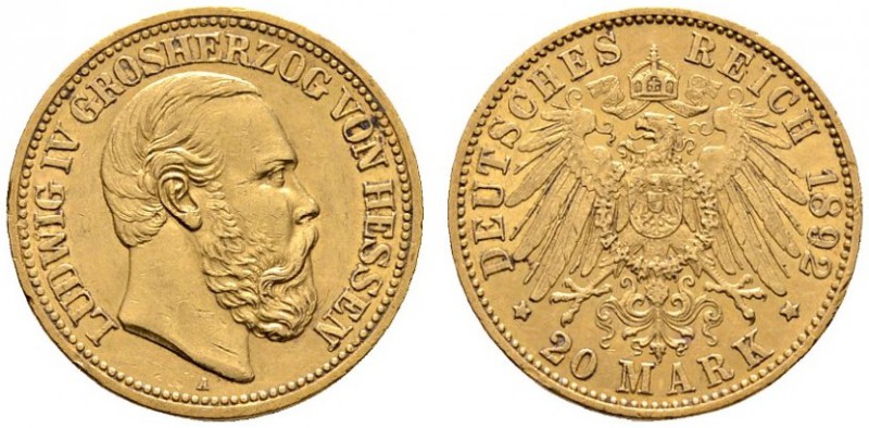 Reichsgoldmünzen
Hessen
Ludwig IV. 1877-1892. 20 Mark 1892 A. J. 221.
selten,...