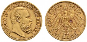 Reichsgoldmünzen
Hessen
Ludwig IV. 1877-1892. 20 Mark 1892 A. J. 221.
selten, leichte Goldpatina, gutes sehr schön