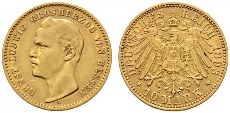Reichsgoldmünzen
Hessen
Ernst Ludwig 1892-1918. 10 Mark 1893 A. J. 222.
selte...