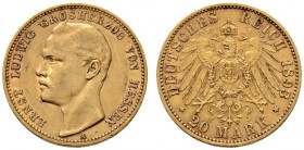 Reichsgoldmünzen
Hessen
Ernst Ludwig 1892-1918. 20 Mark 1893 A. J. 223.
seltener Einzeltyp, gutes sehr schön