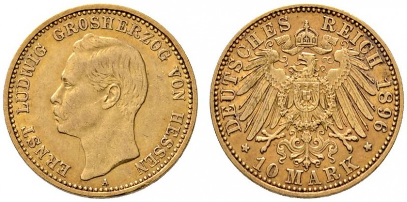 Reichsgoldmünzen
Hessen
Ernst Ludwig 1892-1918. 10 Mark 1896 A. J. 224.
winzi...