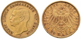 Reichsgoldmünzen
Hessen
Ernst Ludwig 1892-1918. 20 Mark 1905 A. J. 226.
kleine Randfehler, gutes sehr schön