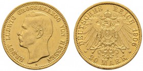 Reichsgoldmünzen
Hessen
Ernst Ludwig 1892-1918. 20 Mark 1906 A. J. 226.
kleine Kratzer, sehr schön-vorzüglich/vorzüglich