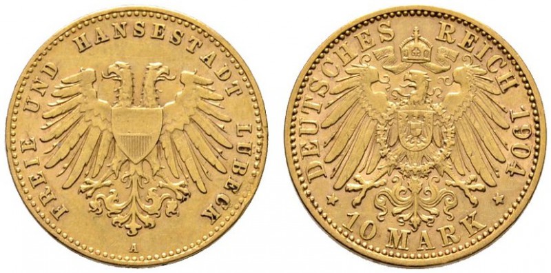 Reichsgoldmünzen
Lübeck
10 Mark 1904 A. J. 227.
selten, kleiner Randfehler, s...