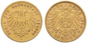 Reichsgoldmünzen
Lübeck
10 Mark 1904 A. J. 227.
selten, kleiner Randfehler, sehr schön