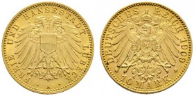 Reichsgoldmünzen
Lübeck
10 Mark 1909 A. J. 228.
selten, vorzüglich