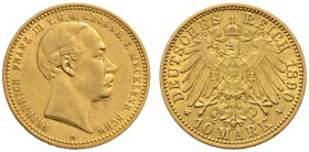Reichsgoldmünzen
Mecklenburg-Schwerin
Friedrich Franz III. 1883-1897. 10 Mark 1890 A. J. 232.
selten, gutes sehr schön
Die einzige Münze dieses Gr...
