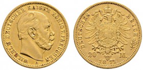 Reichsgoldmünzen
Preußen
Wilhelm I. 1861-1888. 20 Mark 1871 A. J. 243.
sehr schön-vorzüglich
Die erste Reichsgoldmünze.