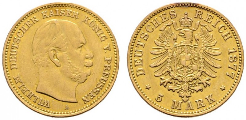 Reichsgoldmünzen
Preußen
Wilhelm I. 1861-1888. 5 Mark 1877 A. J. 244.
kleine ...
