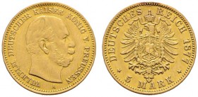 Reichsgoldmünzen
Preußen
Wilhelm I. 1861-1888. 5 Mark 1877 A. J. 244.
kleine Henkelspur und Randbearbeitungen, sehr schön
