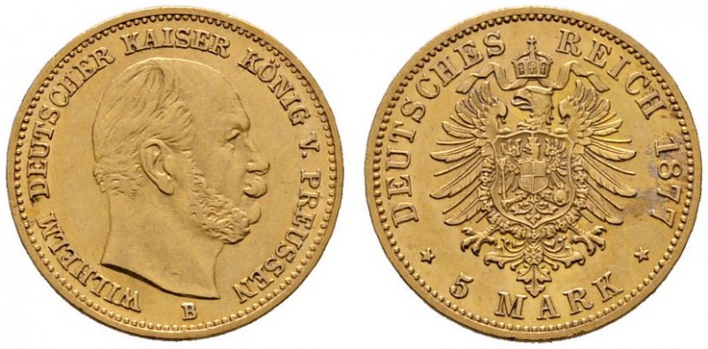 Reichsgoldmünzen
Preußen
Wilhelm I. 1861-1888. 5 Mark 1877 B. J. 244.
sehr sc...