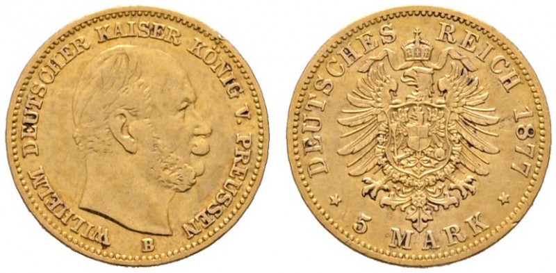 Reichsgoldmünzen
Preußen
Wilhelm I. 1861-1888. 5 Mark 1877 B. J. 244.
kleiner...