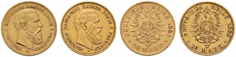 Reichsgoldmünzen
Preußen
Friedrich III. 1888. Lot (2 Stücke): 10 Mark 1888 A s...