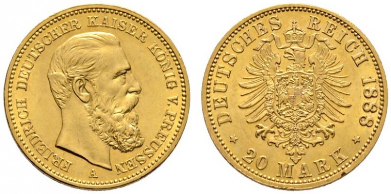 Reichsgoldmünzen
Preußen
Friedrich III. 1888. 20 Mark 1888 A. J. 248.
winzige...