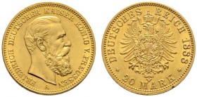 Reichsgoldmünzen
Preußen
Friedrich III. 1888. 20 Mark 1888 A. J. 248.
winziger Randfehler, vorzüglich-Stempelglanz