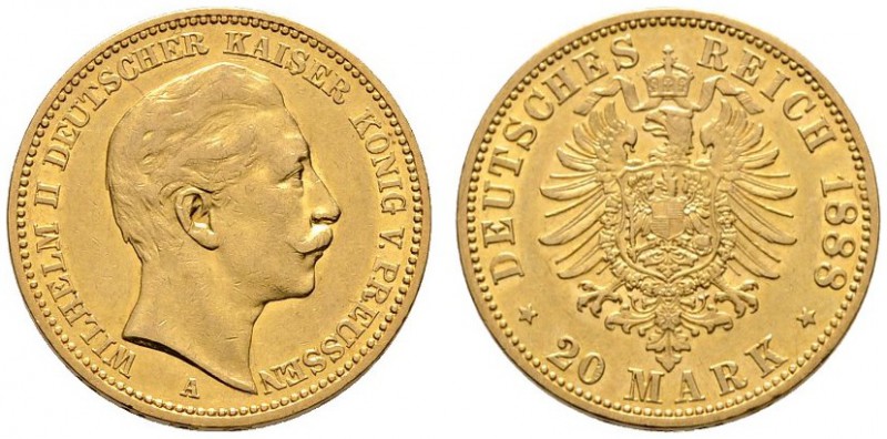 Reichsgoldmünzen
Preußen
Wilhelm II. 1888-1918. 20 Mark 1888 A. J. 250.
sehr ...