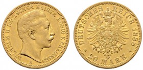 Reichsgoldmünzen
Preußen
Wilhelm II. 1888-1918. 20 Mark 1888 A. J. 250.
sehr schön-vorzüglich/vorzüglich