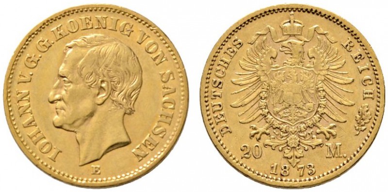 Reichsgoldmünzen
Sachsen
Johann 1854-1873. 20 Mark 1873 E. J. 259.
kleine Kra...
