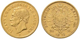 Reichsgoldmünzen
Sachsen
Johann 1854-1873. 20 Mark 1873 E. J. 259.
kleine Kratzer auf dem Avers, sehr schön-vorzüglich