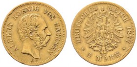 Reichsgoldmünzen
Sachsen
Albert 1873-1902. 5 Mark 1877 E. J. 260.
minimale Kratzer, sehr schön-vorzüglich