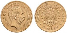 Reichsgoldmünzen
Sachsen
Albert 1873-1902. 5 Mark 1877 E. J. 260.
kleiner Kratzer auf dem Avers, sehr schön-vorzüglich