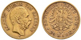 Reichsgoldmünzen
Sachsen
Albert 1873-1902. 20 Mark 1876 E. J. 262.
sehr schön