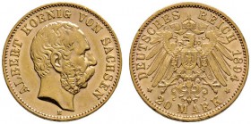 Reichsgoldmünzen
Sachsen
Albert 1873-1902. 20 Mark 1894 E. J. 264.
minimale Randfehler, fast vorzüglich
