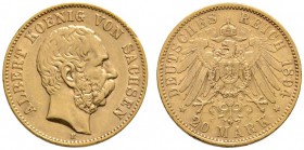 Reichsgoldmünzen
Sachsen
Albert 1873-1902. 20 Mark 1894 E. J. 264.
minimale Randfehler, sehr schön-vorzüglich/sehr schön