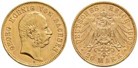 Reichsgoldmünzen
Sachsen
Georg 1902-1904. 20 Mark 1903 E. J. 266.
minimale Kratzer, vorzüglich