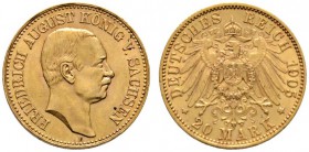 Reichsgoldmünzen
Sachsen
Friedrich August III. 1904-1918. 20 Mark 1905 E. J. 268.
winzige Randunebenheiten, fast vorzüglich
