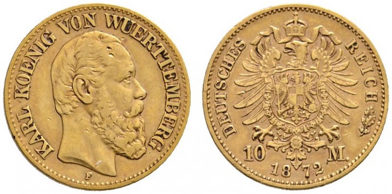 Reichsgoldmünzen
Württemberg
Karl 1864-1891. 10 Mark 1872 F. J. 289.
minimale...