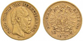 Reichsgoldmünzen
Württemberg
Karl 1864-1891. 10 Mark 1872 F. J. 289.
minimaler Randfehler, sehr schön