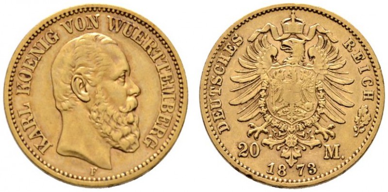 Reichsgoldmünzen
Württemberg
Karl 1864-1891. 20 Mark 1873 F. J. 290.
sehr sch...
