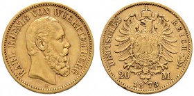 Reichsgoldmünzen
Württemberg
Karl 1864-1891. 20 Mark 1873 F. J. 290.
sehr schön