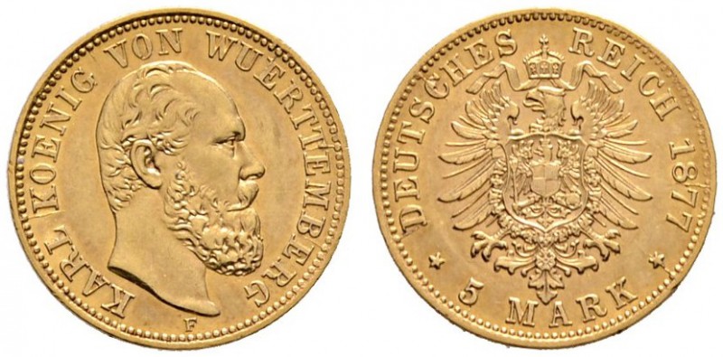 Reichsgoldmünzen
Württemberg
Karl 1864-1891. 5 Mark 1877 F. J. 291.
vorzüglic...