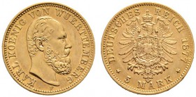 Reichsgoldmünzen
Württemberg
Karl 1864-1891. 5 Mark 1877 F. J. 291.
vorzüglich-Stempelglanz