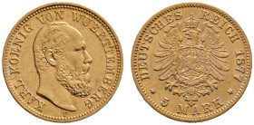 Reichsgoldmünzen
Württemberg
Karl 1864-1891. 5 Mark 1877 F. J. 291.
fast vorzüglich