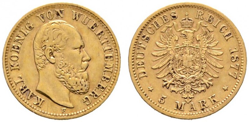 Reichsgoldmünzen
Württemberg
Karl 1864-1891. 5 Mark 1877 F. J. 291.
sehr schö...
