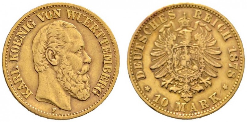 Reichsgoldmünzen
Württemberg
Karl 1864-1891. 10 Mark 1878 F. J. 292.
sehr sch...