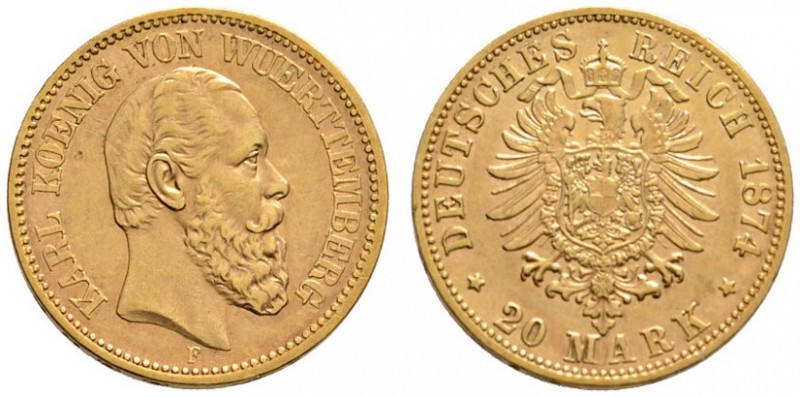 Reichsgoldmünzen
Württemberg
Karl 1864-1891. 20 Mark 1874 F. J. 293.
sehr sch...