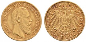 Reichsgoldmünzen
Württemberg
Karl 1864-1891. 10 Mark 1890 F. J. 294.
winzige Randfehler, gutes sehr schön