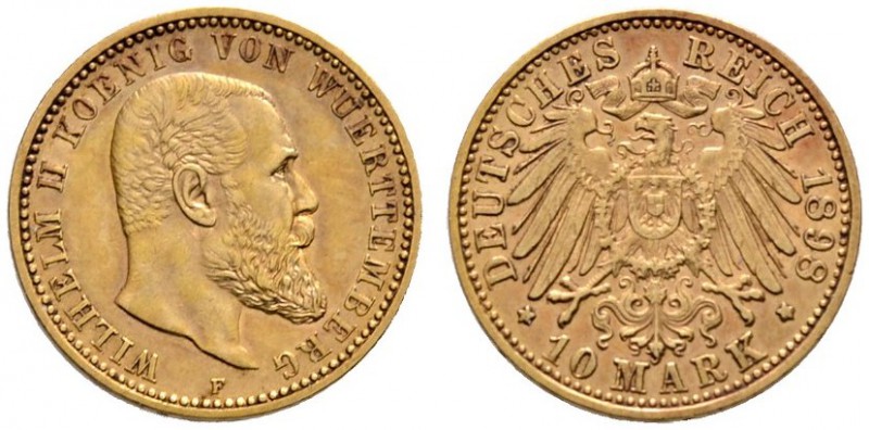 Reichsgoldmünzen
Württemberg
Wilhelm II. 1891-1918. 10 Mark 1898 F. J. 295.
s...
